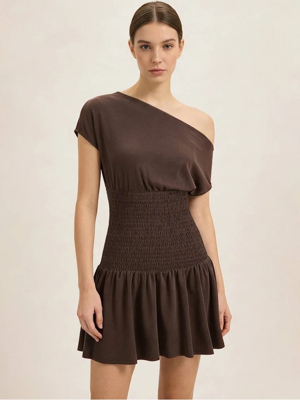 Commense One Shoulder Smocked Waist Mini Dress